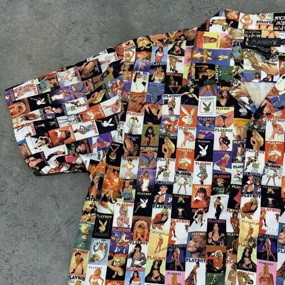 Playboy Shirt Men Size Large All Over Collage Cover Magazine Centerfold - Picture 3 of 14